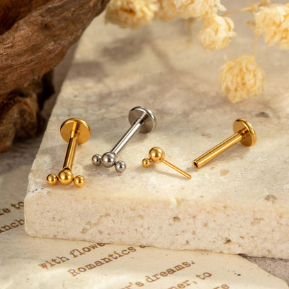ASTM F136 Titanium Triple Bead Threadless Labret Stud – Push Pin Flat Back Cartilage & Lip Piercing