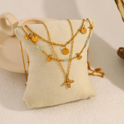 18K Gold Plated Titanium Steel Vintage Fan-Shaped, Round Disc, and Four-Leaf Clover Layered Necklaces | Stylish Fashion Jewelry
