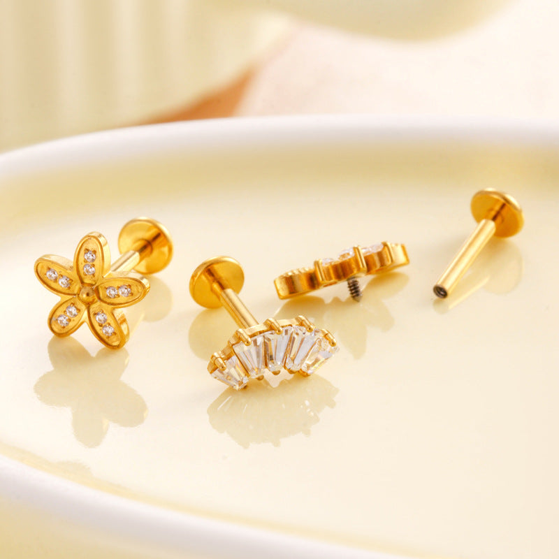 F136 Titanium Internally Threaded Zircon Labret Stud | High-End Flat Back Cartilage Piercing Jewelry