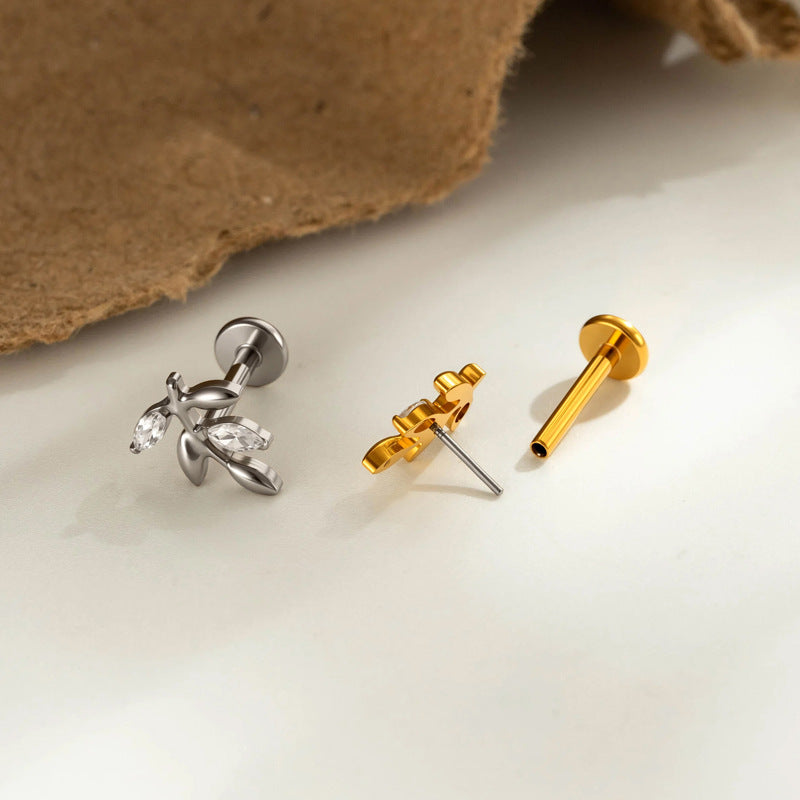 Implant Grade G23 Titanium Labret Stud – Snake Leaf CZ Flat Back Ear & Lip Piercing ASTM F136 Jewelry