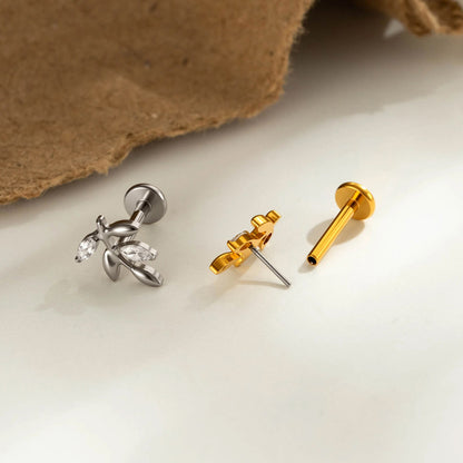 Implant Grade G23 Titanium Labret Stud – Snake Leaf CZ Flat Back Ear & Lip Piercing ASTM F136 Jewelry