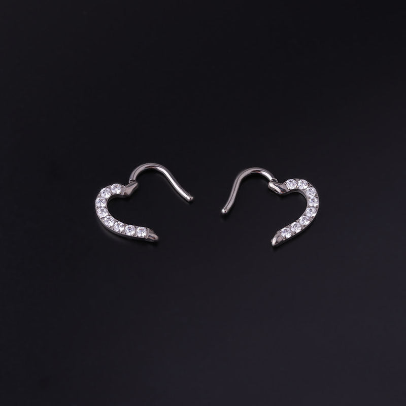 Implant Grade G23 ASTM F136 Titanium Heart Daith Clicker Earring | 16G CZ Hinged Hoop Piercing