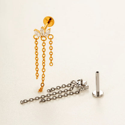 Implant Grade ASTM F136 Titanium Threadless Push Pin Zircon Chain Dangle Flat Back Stud | Geometric Cartilage Helix Tragus Lip Piercing Jewelry
