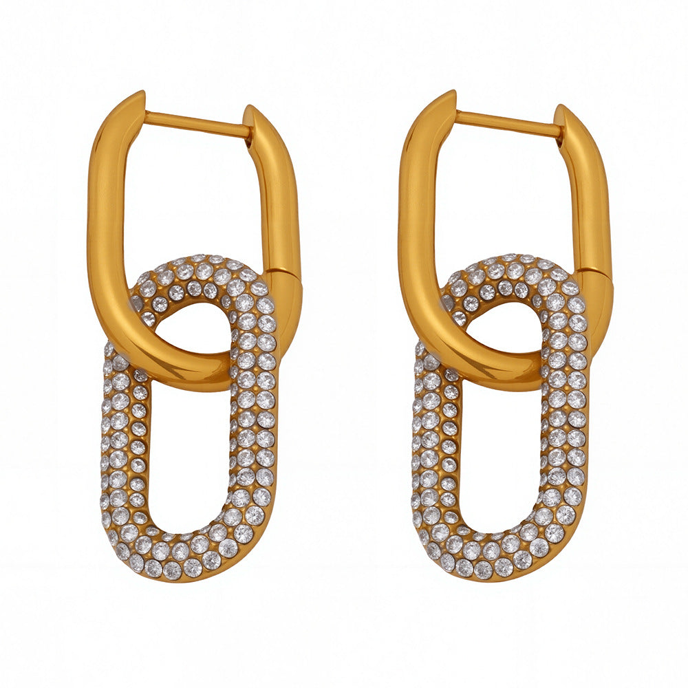 Gold Oval Zircon Dangle Earrings – Elegant Stainless Steel Full Zircon Hoop Earrings for Women