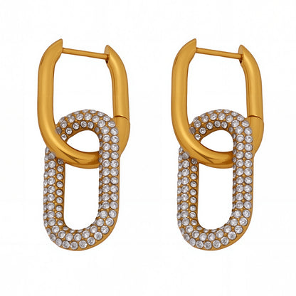 Gold Oval Zircon Dangle Earrings – Elegant Stainless Steel Full Zircon Hoop Earrings for Women