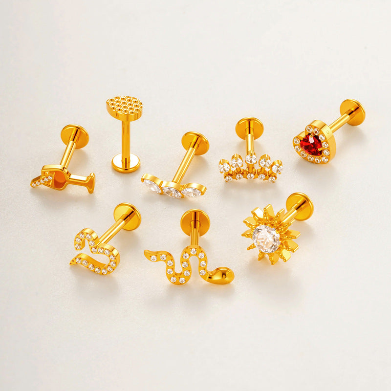 G23/F136 Titanium Heart & Snake Design Internally Threaded Lip Labret Studs | Zircon Piercing Jewelry for Cartilage, Helix, Tragus, and Lip