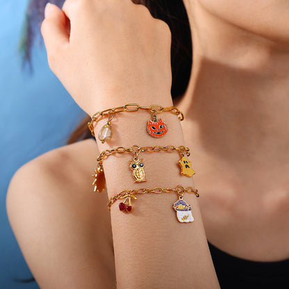 Gold-Plated Stainless Steel Halloween / Christmas Heart & Tree Tassel Pendant Bracelet | Elegant Festive Jewelry