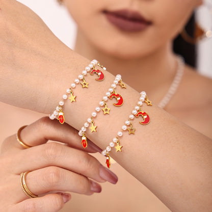 Christmas Santa Hat Star Gloves Pendant Necklace & Bracelet Set – Gold Plated Stainless Steel with Faux Pearl & Enamel