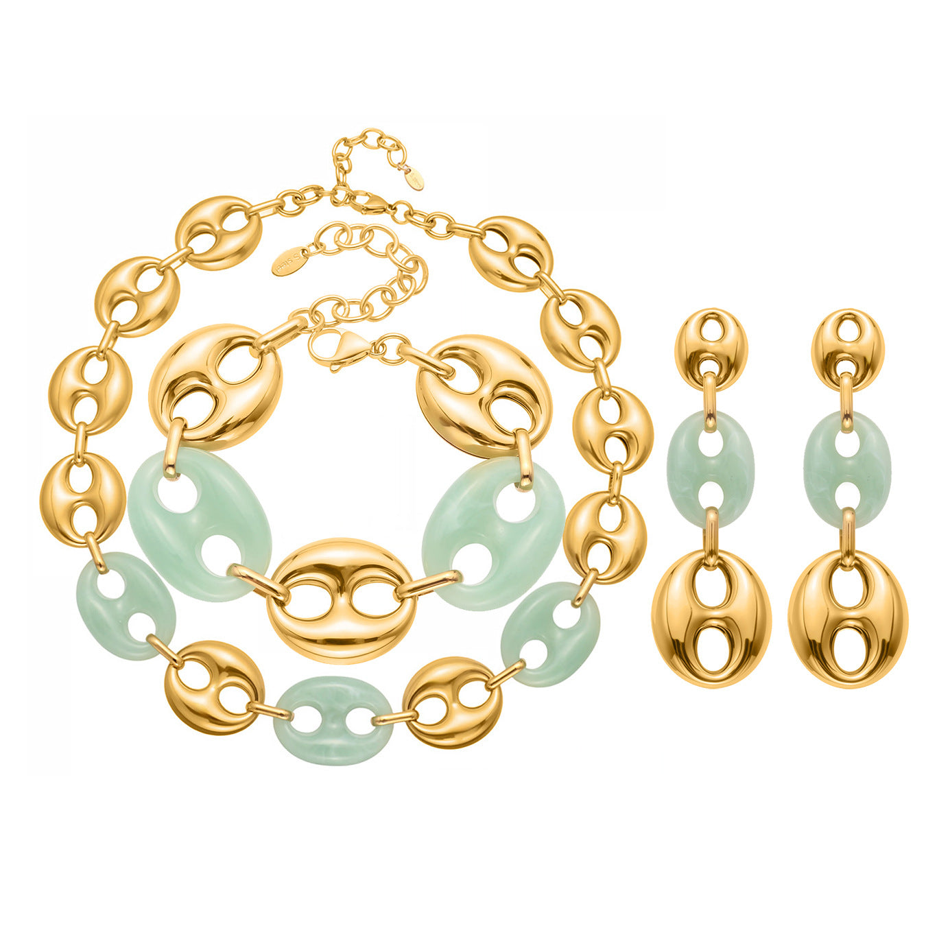 Colorful Resin Pig Nose Pendant Jewelry Set – Stainless Steel Necklace, Bracelet & Earrings | Trendy Chunky Chain Fashion Accessories