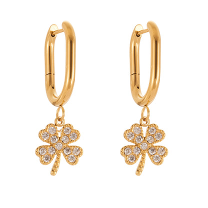 Stainless Steel Zircon Clover Dangle Earrings Set – U-Shaped Hoop Layering Earrings | Lucky Four-Leaf Clover Jewelry Gift for Women
