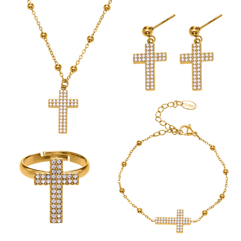 Gold Stainless Steel Cross Zirconia Necklace, Bracelet, Earrings & Ring | Minimalist Cross Jewelry Set