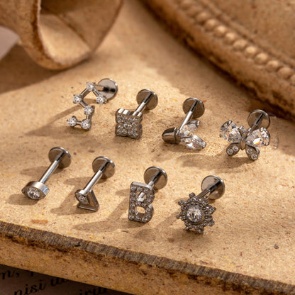 G23 Titanium Internally Threaded CZ Cartilage Stud Earrings – Butterfly, Letter, Sun & Other Shapes – Hypoallergenic Body Piercing Jewelry for Helix, Tragus, Conch