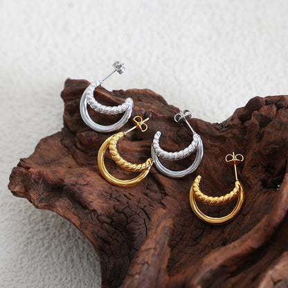 Double Layer C-Shaped Stainless Steel Hoop Earrings – Minimalist Thick Chunky Huggie Hoops for Women, Trendy Daily Jewelry