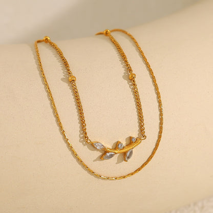 18K Gold Plated Titanium Steel Olive Leaf Pendant Necklace with Double Layered Crystal | Elegant Fashion Jewelry