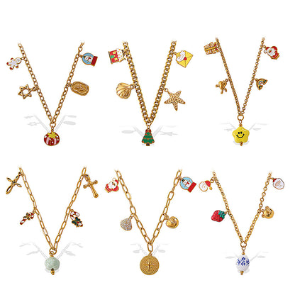 Gold Stainless Steel Christmas Holiday Pendant Tassel Necklace | Festive Fashion Jewelry