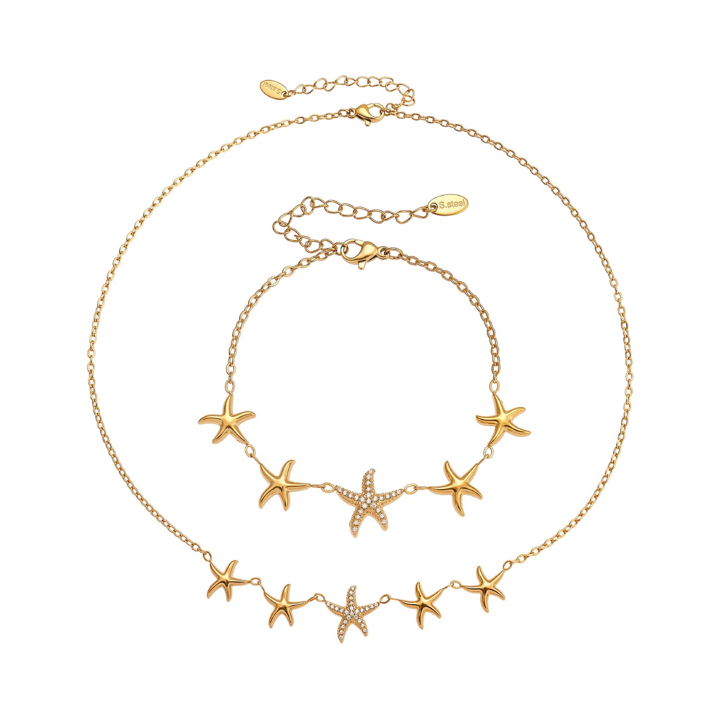 Ocean Star Pendant Necklace, Bracelet, Earrings & Ring Jewelry Set - Gold Stainless Steel