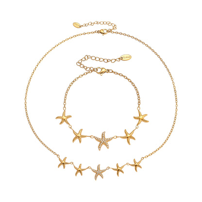 Ocean Star Pendant Necklace, Bracelet, Earrings & Ring Jewelry Set - Gold Stainless Steel