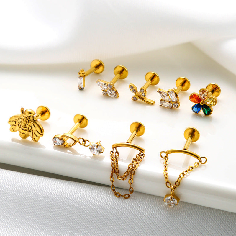 G23/F136 Titanium CZ Chain Tassel Cartilage Stud – Internally Threaded Flat-Back Piercing Jewelry