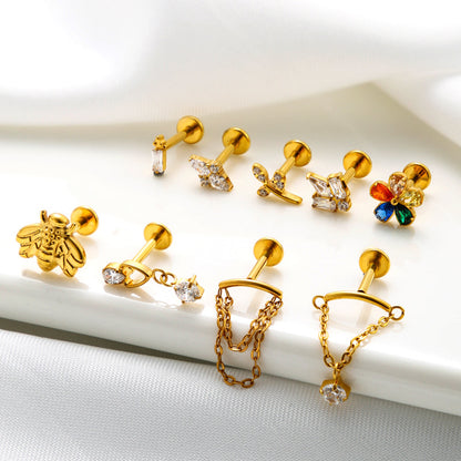 G23/F136 Titanium CZ Chain Tassel Cartilage Stud – Internally Threaded Flat-Back Piercing Jewelry
