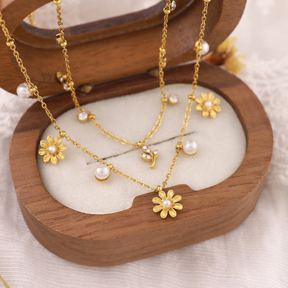 18K Gold Plated Titanium Steel Pearl & Leaf Flower Pendant Necklace | Elegant Fashion Jewelry