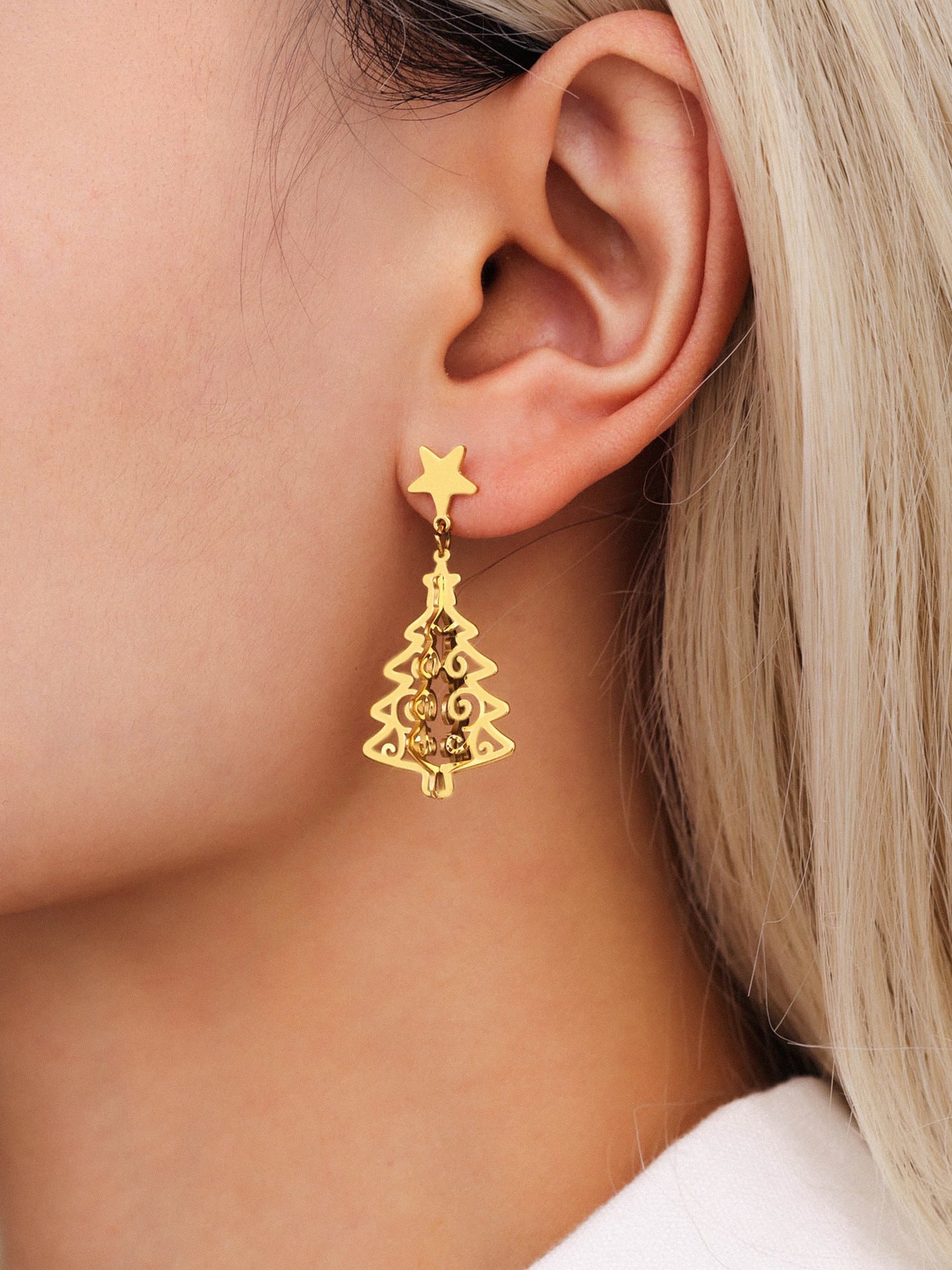 Stainless Steel Hollow Life Tree Drop Earrings – Gold Elegant Statement Dangle Earrings for Women