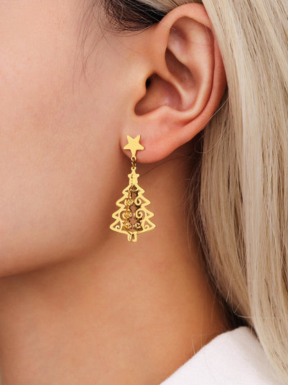 Stainless Steel Hollow Life Tree Drop Earrings – Gold Elegant Statement Dangle Earrings for Women