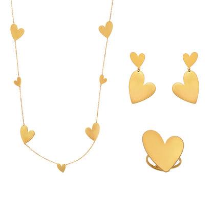 Stainless Steel Heart Sweater Chain Jewelry Set – Long Heart Necklace + Heart Earrings + Heart Ring | Fashion Gift Set