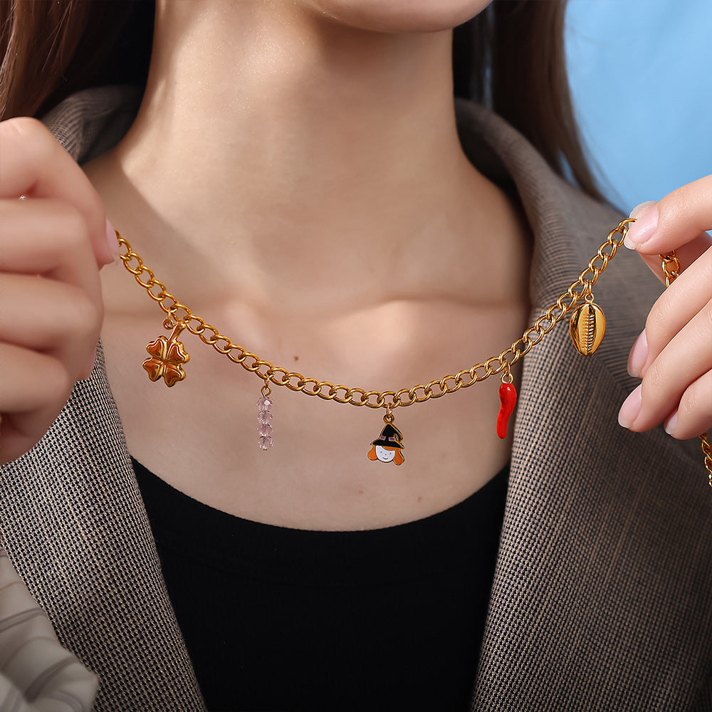 Holiday Collection – Gold Plated Stainless Steel Multishape Pendant Tassel Necklace | Halloween & Christmas Jewelry