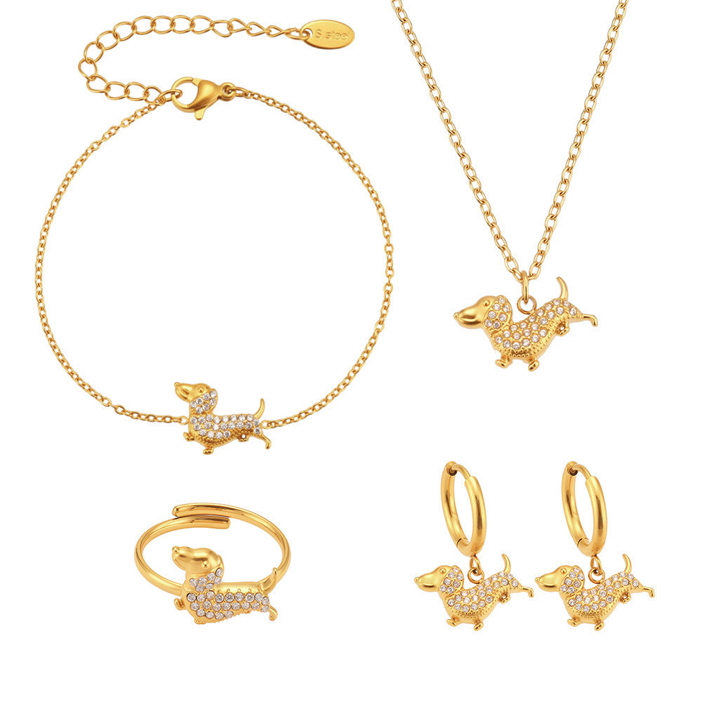 Stainless Steel Dog Zircon Jewelry Set – Necklace, Bracelet, Ring & Earrings | Cute Minimalist Fashion Jewelry | WANTI