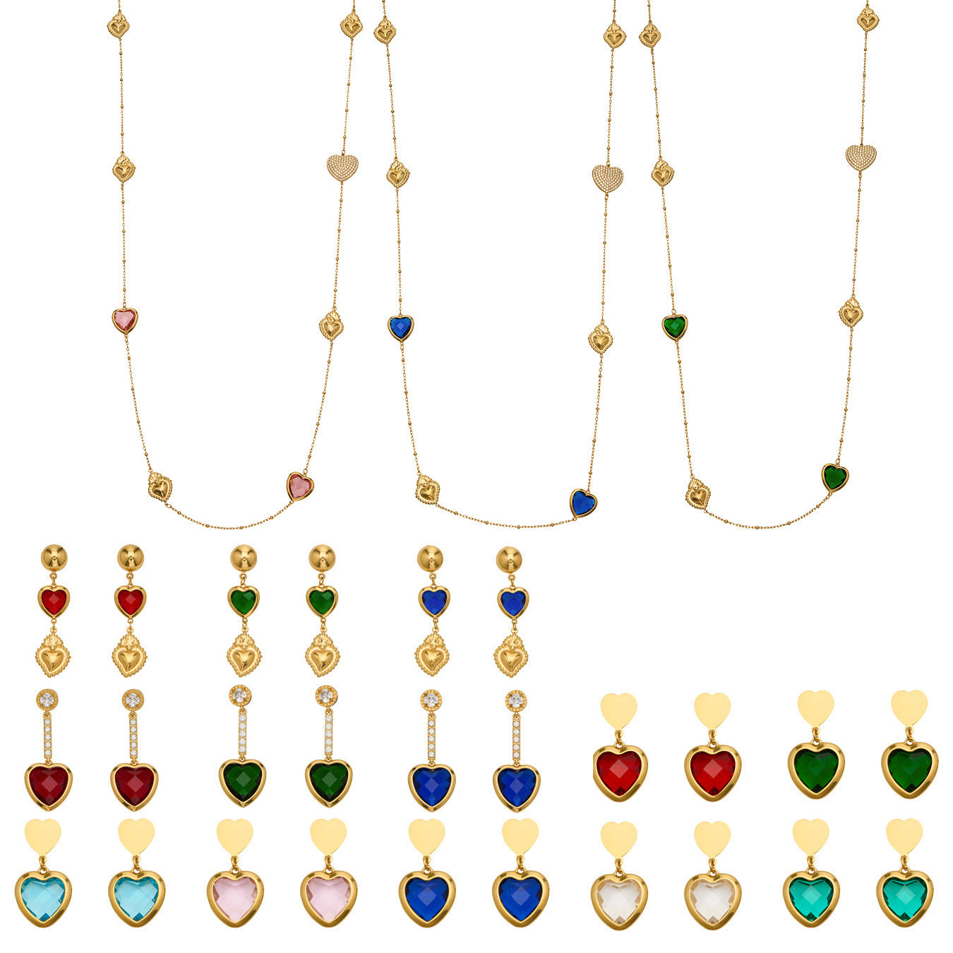 Sparkling Heart Glass Necklace & Earrings Set – Colorful Long Pendant Chain · Stainless Steel Hypoallergenic Jewelry