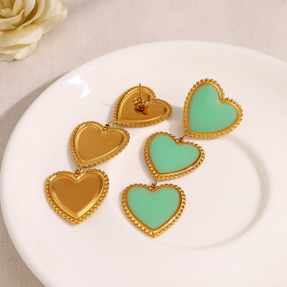 Retro Green Enamel Heart Tassel Drop Earrings – Long Stainless Steel Statement Earrings | WANTI Jewelry