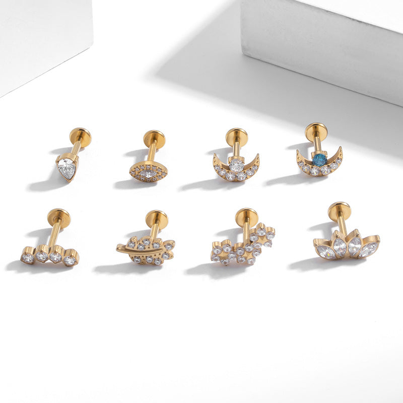 G23 Titanium Moon, Leaf & Flower CZ Studs for Cartilage Piercings | F136 Hypoallergenic Ear Bone Jewelry