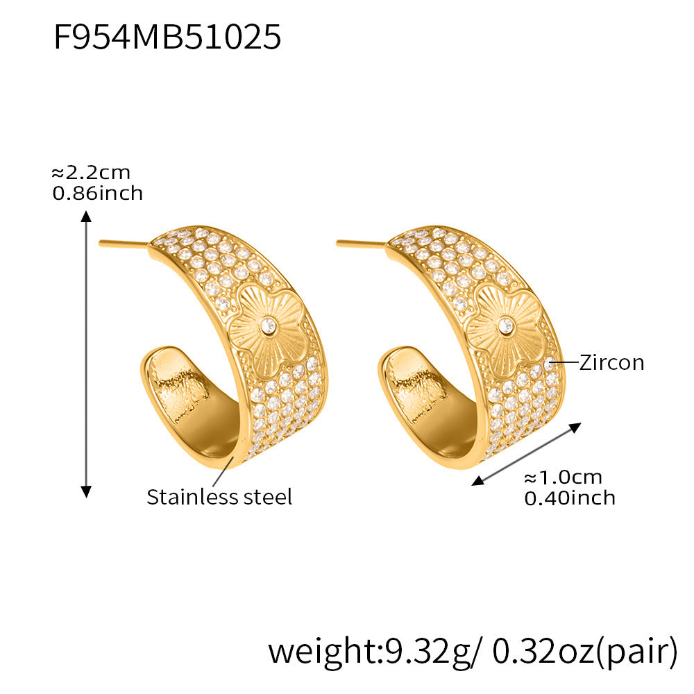 Stainless Steel Five-Petal Flower Zircon Earrings – Elegant Floral Drop Earrings, High-End Fashion Jewelry for Women