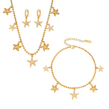 Ocean Starfish Jewelry Set – Stainless Steel Necklace, Bracelet, Earrings & Anklet | Beach Style Fashion Jewelry | Hypoallergenic Gift for Women