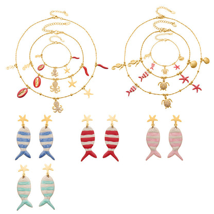 Coral Red Fish, Octopus & Turtle Pendant Jewelry Set – Stainless Steel Necklace, Bracelet, Anklet & Earrings | Trendy Ocean Style Accessories