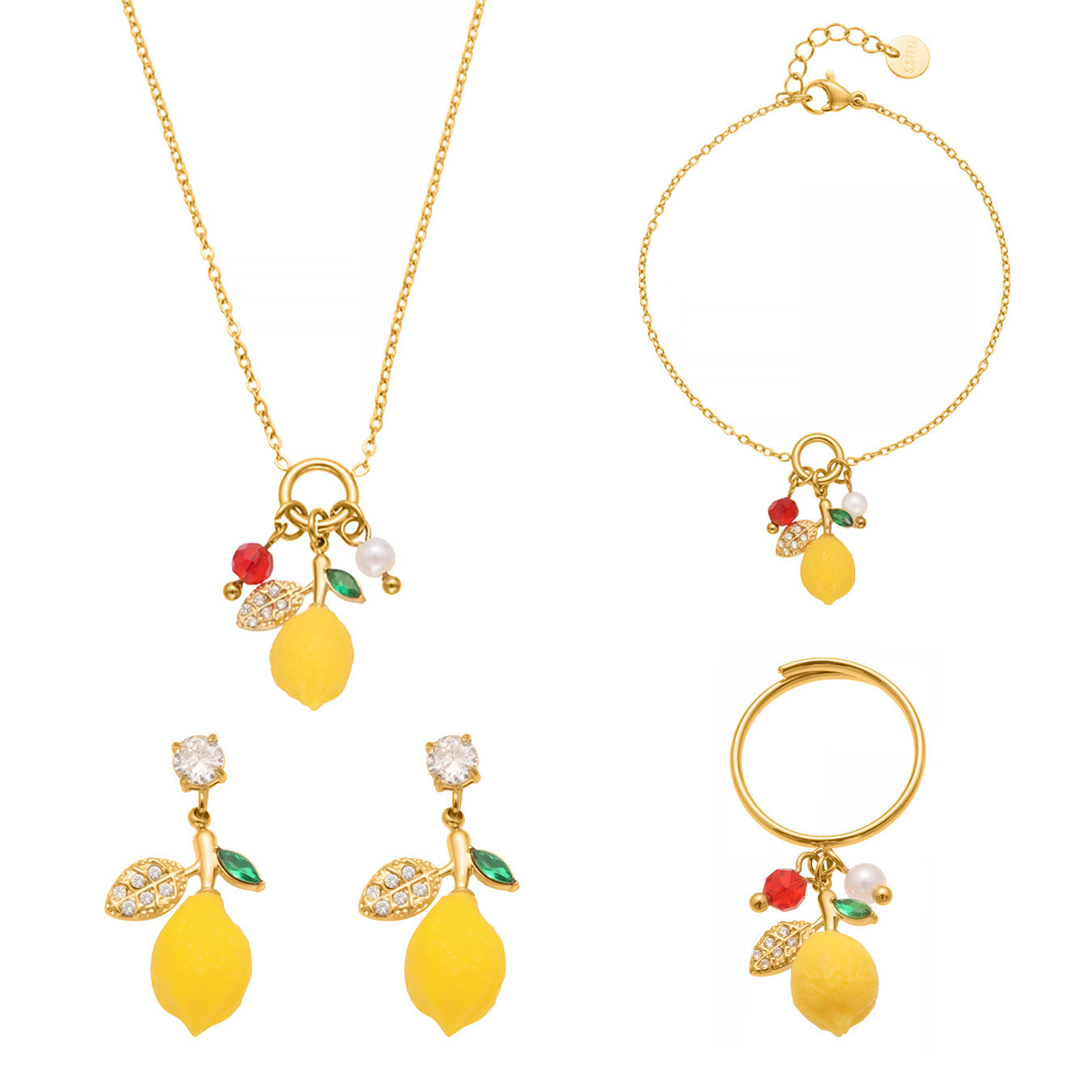 Stainless Steel Resin Lemon Zircon Pendant Necklace, Earrings, Bracelet & Ring Jewelry Set