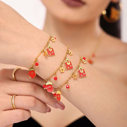 Gold Stainless Steel Garnet Christmas Necklace & Bracelet | Festive Gift Jewelry Set for Women