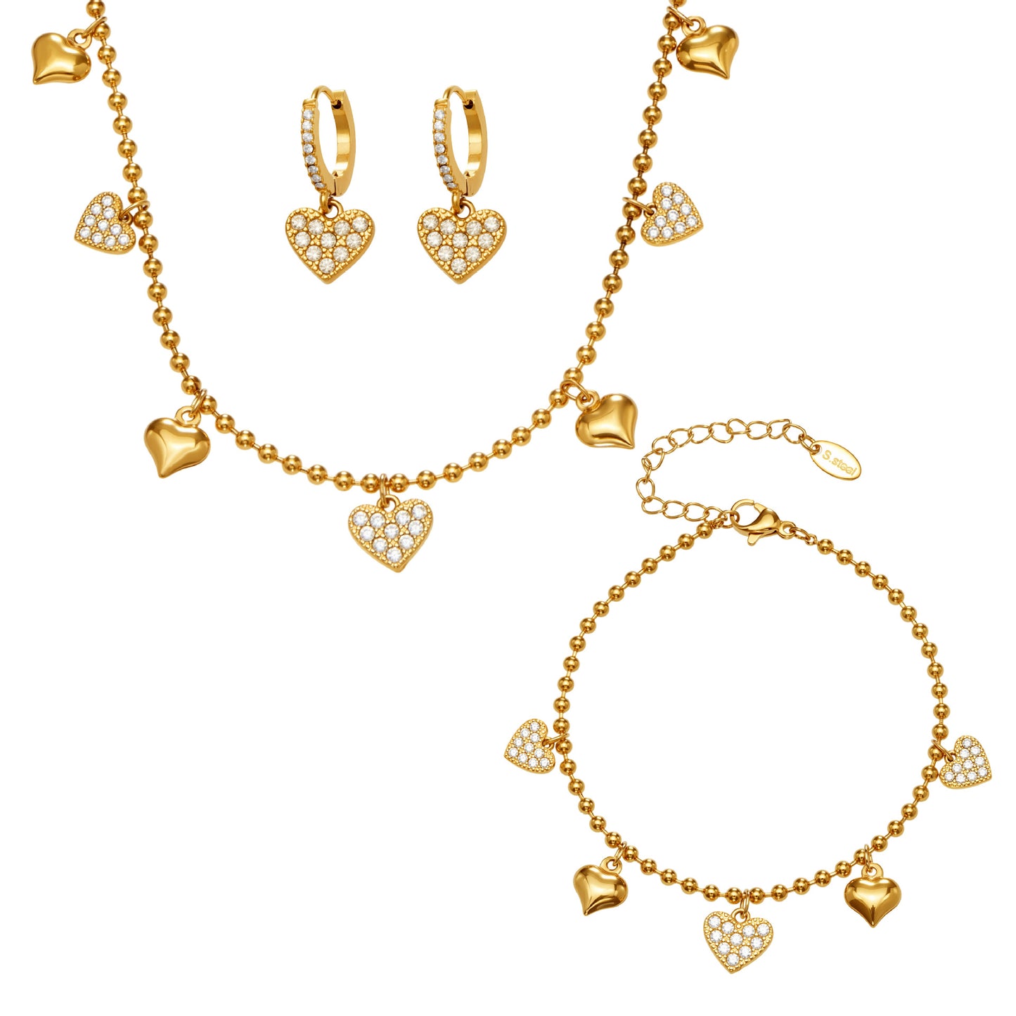 Hollow Heart Zircon Stainless Steel Necklace Bracelet Anklet Earrings – Minimalist Romantic Jewelry Set