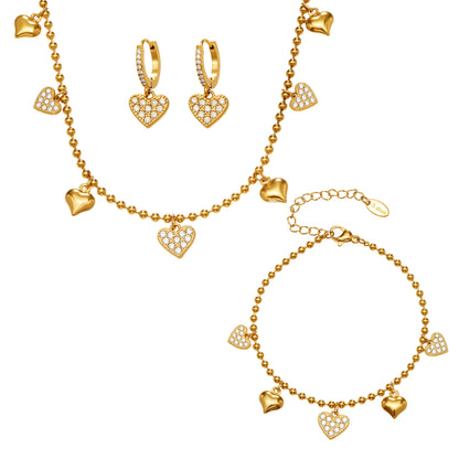 Hollow Heart Zircon Stainless Steel Necklace Bracelet Anklet Earrings – Minimalist Romantic Jewelry Set