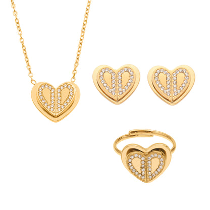 Double Heart Zircon Pendant Necklace, Earrings & Ring Jewelry Set - Gold & Steel Stainless Steel
