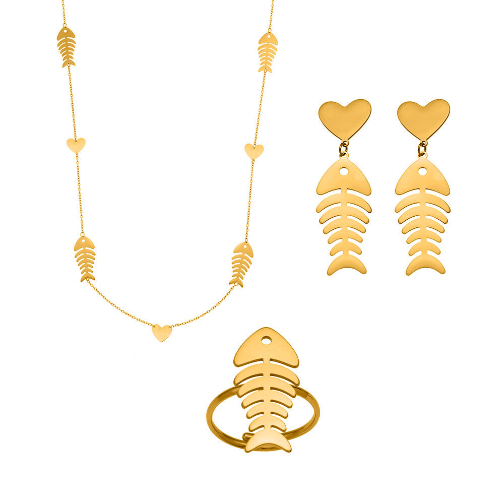 Hollow Fishbone Heart Necklace, Earrings & Ring Set – Long Sweater Chain Jewelry, Fashion Statement Set for Women