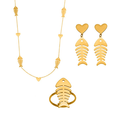 Hollow Fishbone Heart Necklace, Earrings & Ring Set – Long Sweater Chain Jewelry, Fashion Statement Set for Women