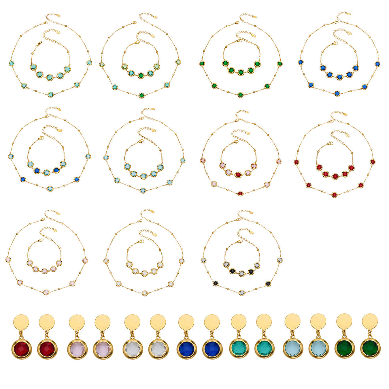 Candy Color Glass Stone Jewelry Set – Stainless Steel Necklaces, Bracelets & Earrings