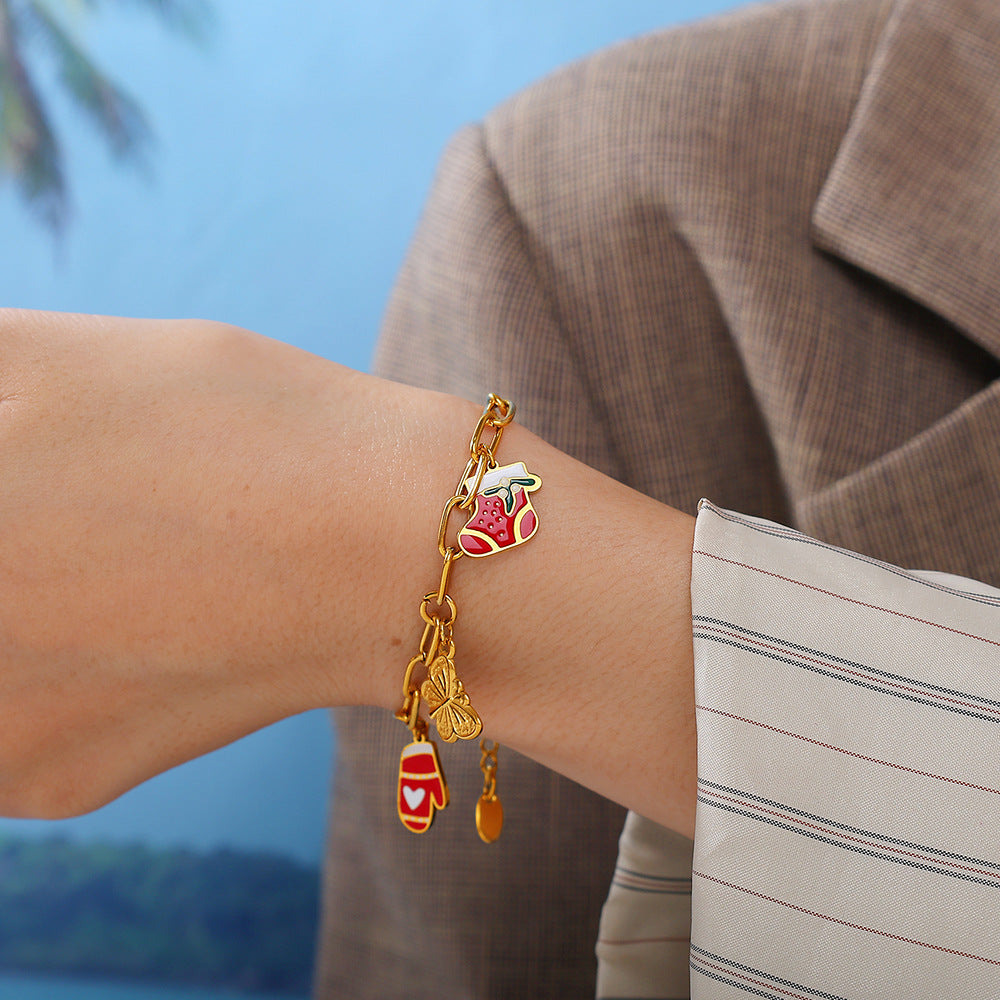 Christmas Collection – Gold Plated Stainless Steel Dripping Oil Pendant & Tassel Bracelet  Set