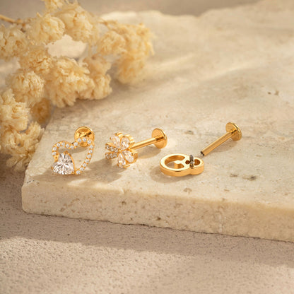 G23/F136 Titanium Internal Thread Lip & Cartilage Studs – Heart, Cross & 10 Classic Designs | Gold & Silver
