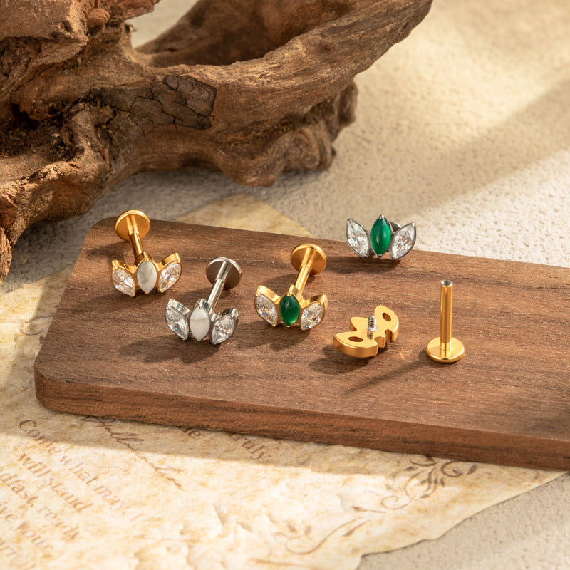 G23/F136 Titanium Marquise CZ Leaf Internal Thread Flat Back Piercing Jewelry – 7 Styles