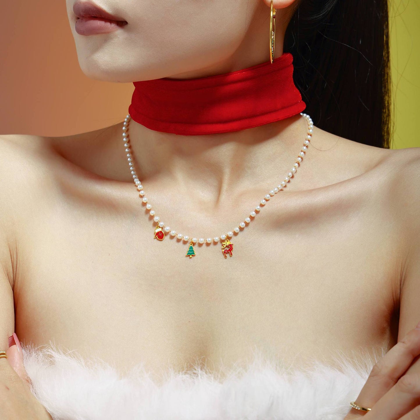 Christmas Tree Reindeer Glove Pendant Imitation Pearl Enamel Necklace & Bracelet Set – Stainless Steel Gold Plated Holiday Jewelry