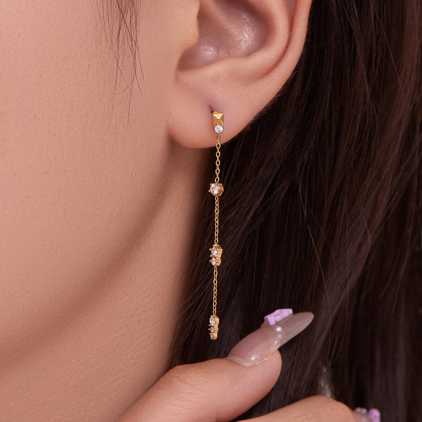 Stainless Steel Tassel Zircon Earrings – Elegant Geometric Dangle Chain Earrings | WANTI Jewelry
