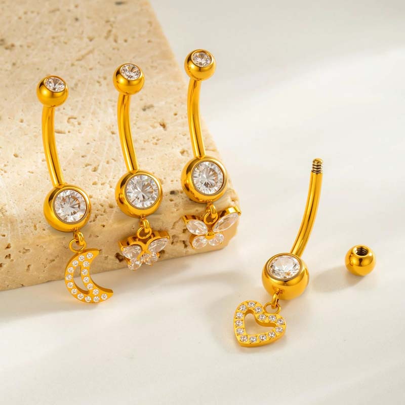 G23/F136 Titanium Internally Threaded Dangle Navel Ring with Zircon Charms — Butterfly, Moon, Flower, Heart & Snake Designs | Hypoallergenic Belly Button Piercing Jewelry