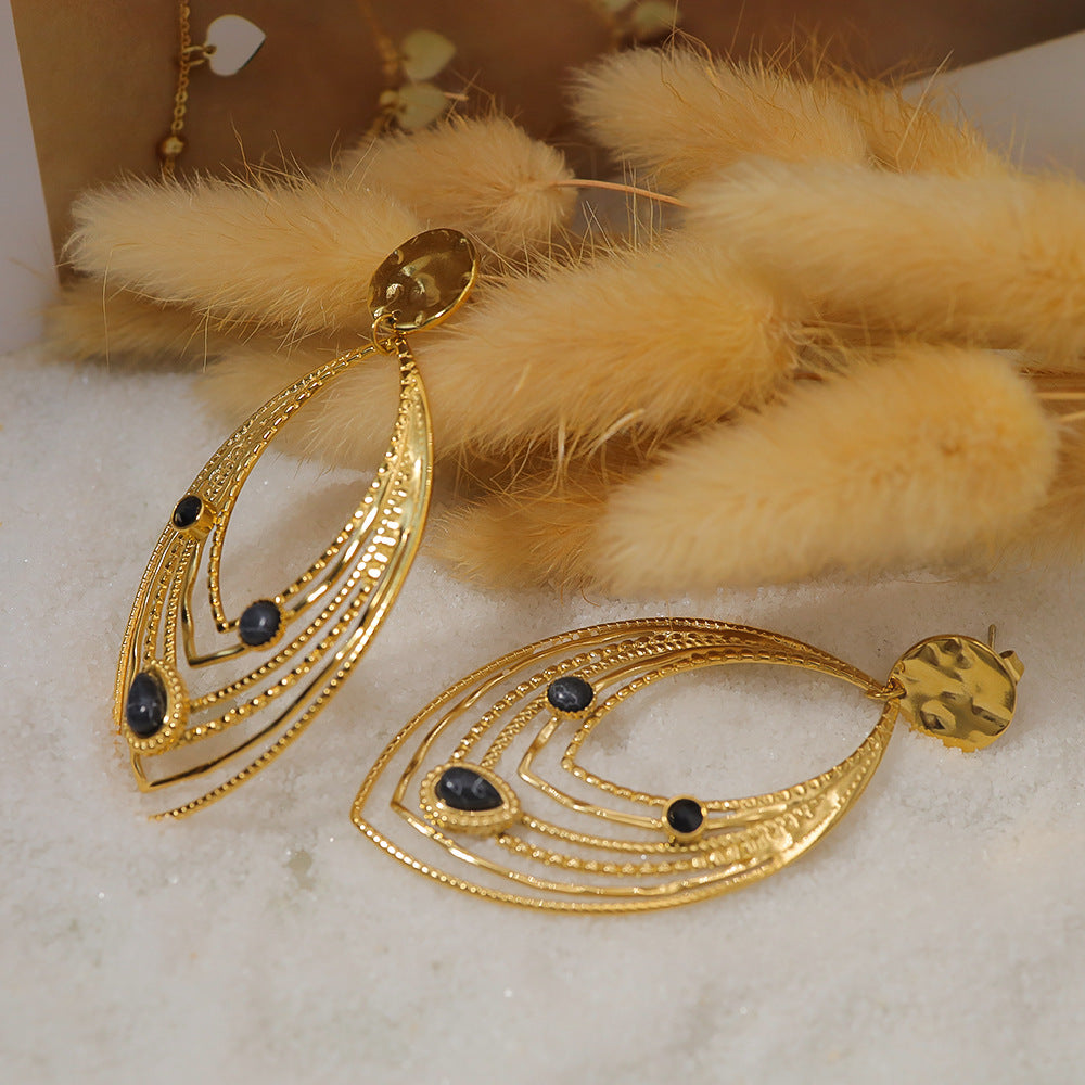 Stainless Steel Vintage Leaf Earrings with Turquoise and Crystal – Retro Statement Dangle Earrings for Women